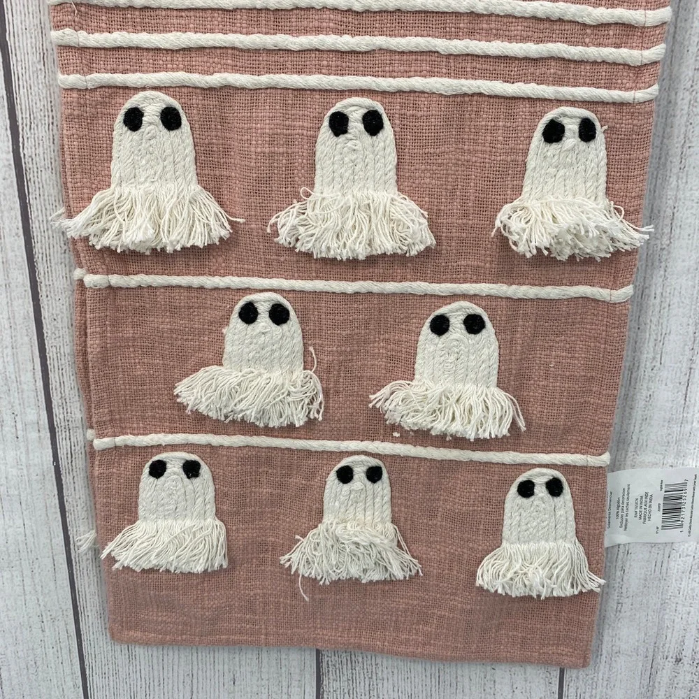 mDESIGN Ghost Table Runner Halloween 15x90 Pink Terracotta Woven Tassel Spooky